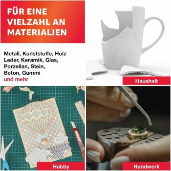 Für eine Vielzahl an Materialien: Metall, Kunststoffe, Holz, Leder, Keramik, Glas, Porzellan, Stein, Beton, Gummi und mehr.